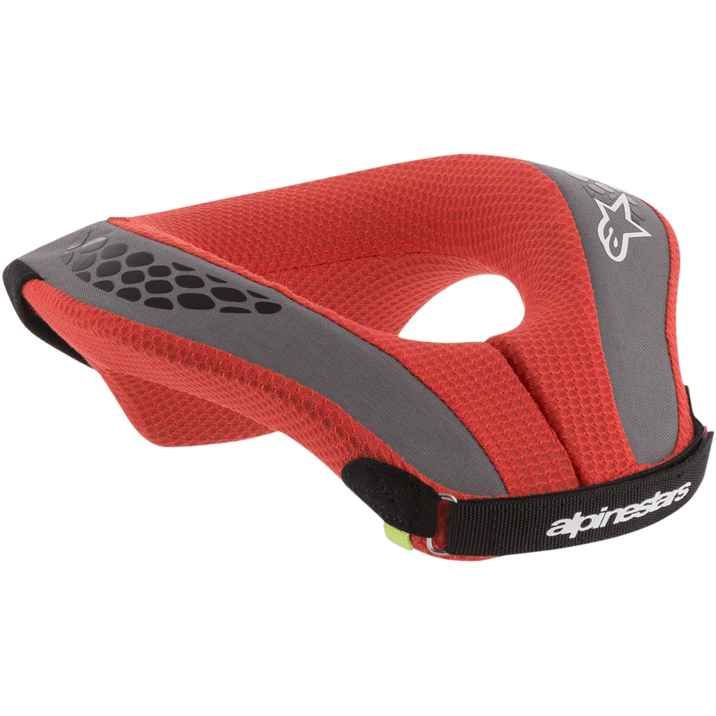 Alpinestars Youth Sequence Neck Roll, Motocross-Nackenschutz, Rot und Grau, mit roter Mesh-Polsterung, grauen Akzenten und einem schwarzen Riemen, weiße Branding- und Logo-Details, ergonomischer Schutz für junge Fahrer