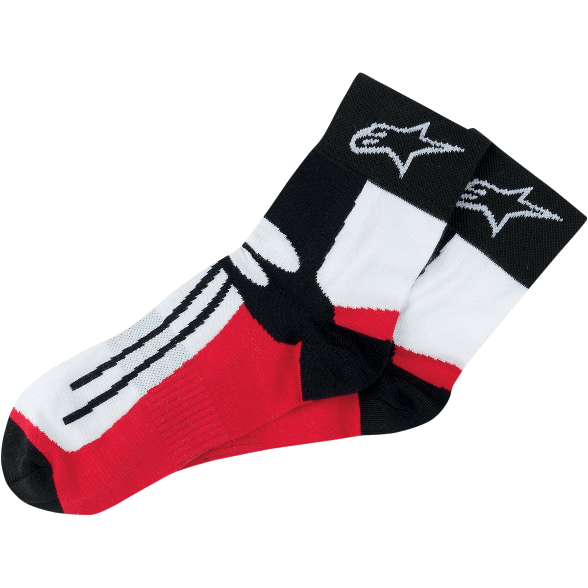 Alpinestars Road Racing Socken (über dem Knöchel), Motorrad-Rennsocken, Schwarz, Weiß und Rot, mit weißem Stern-Logo auf dem schwarzen Bund, schwarzen Streifen auf dem weißen Fußteil, roten Einsätzen, sportliches Performance-Design für den Motorsport
