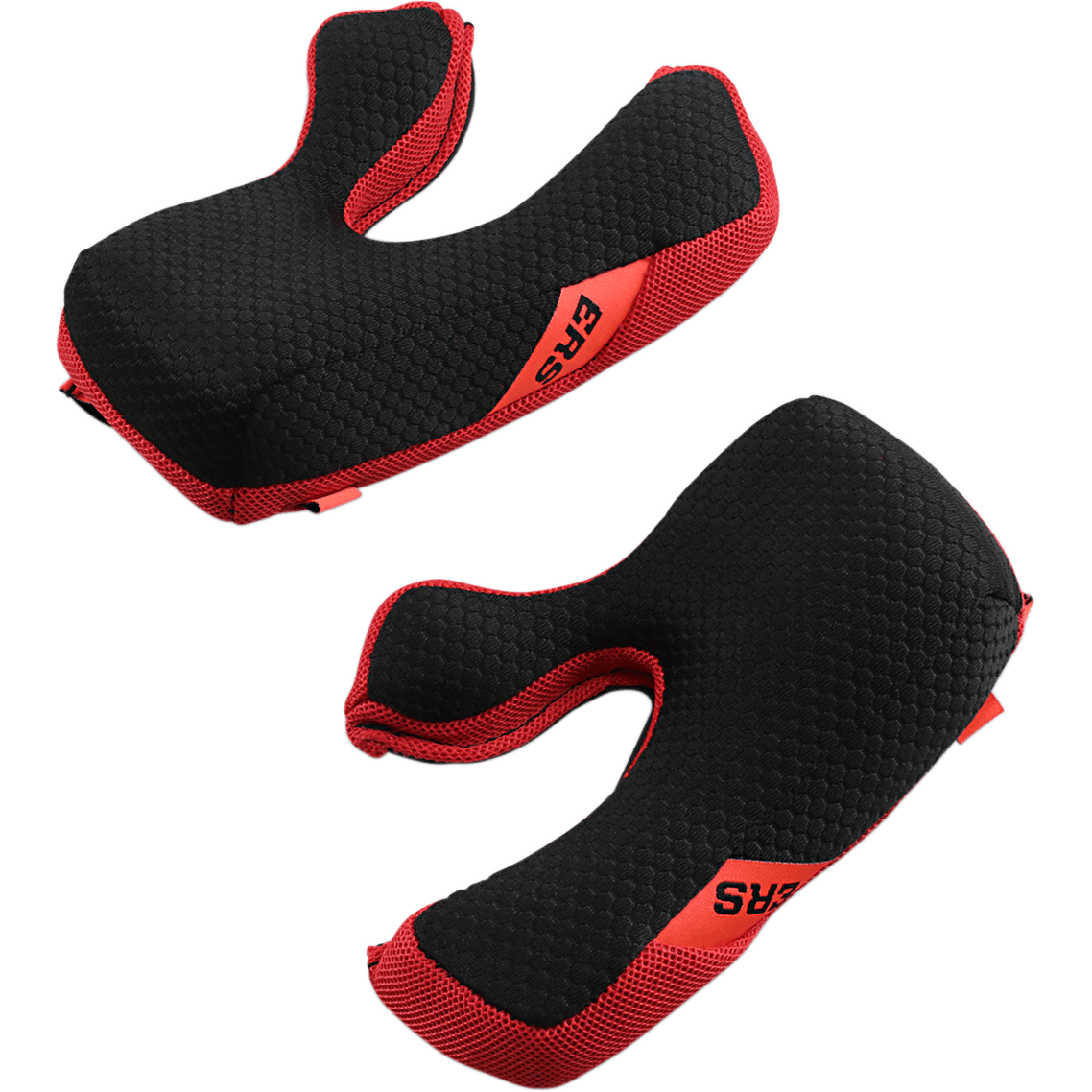 Alpinestars Supertech M10/M8 Helmet Cheek Pad Set, Replacement Padding, Black and Red, featuring ERS Emergency Release System tabs, honeycomb textured comfort foam with red mesh accents, motorcycle racing helmet accessories