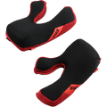 Alpinestars Supertech M10/M8 Helmet Cheek Pad Set, Replacement Padding, Black and Red, featuring ERS Emergency Release System tabs, honeycomb textured comfort foam with red mesh accents, motorcycle racing helmet accessories