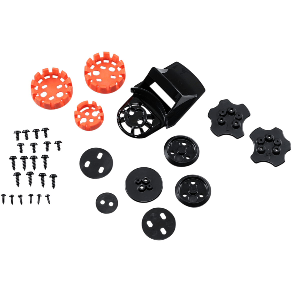 Alpinestars Supertech M10/M8 Helm Visier-Verbindungsset, Schwarz und Orange, Ersatzteil-Kit mit schwarzen Kunststoffhalterungen, orangefarbenen Rundverbindern und Metallschrauben, für die sichere Visierbefestigung an Motocross-Helmen