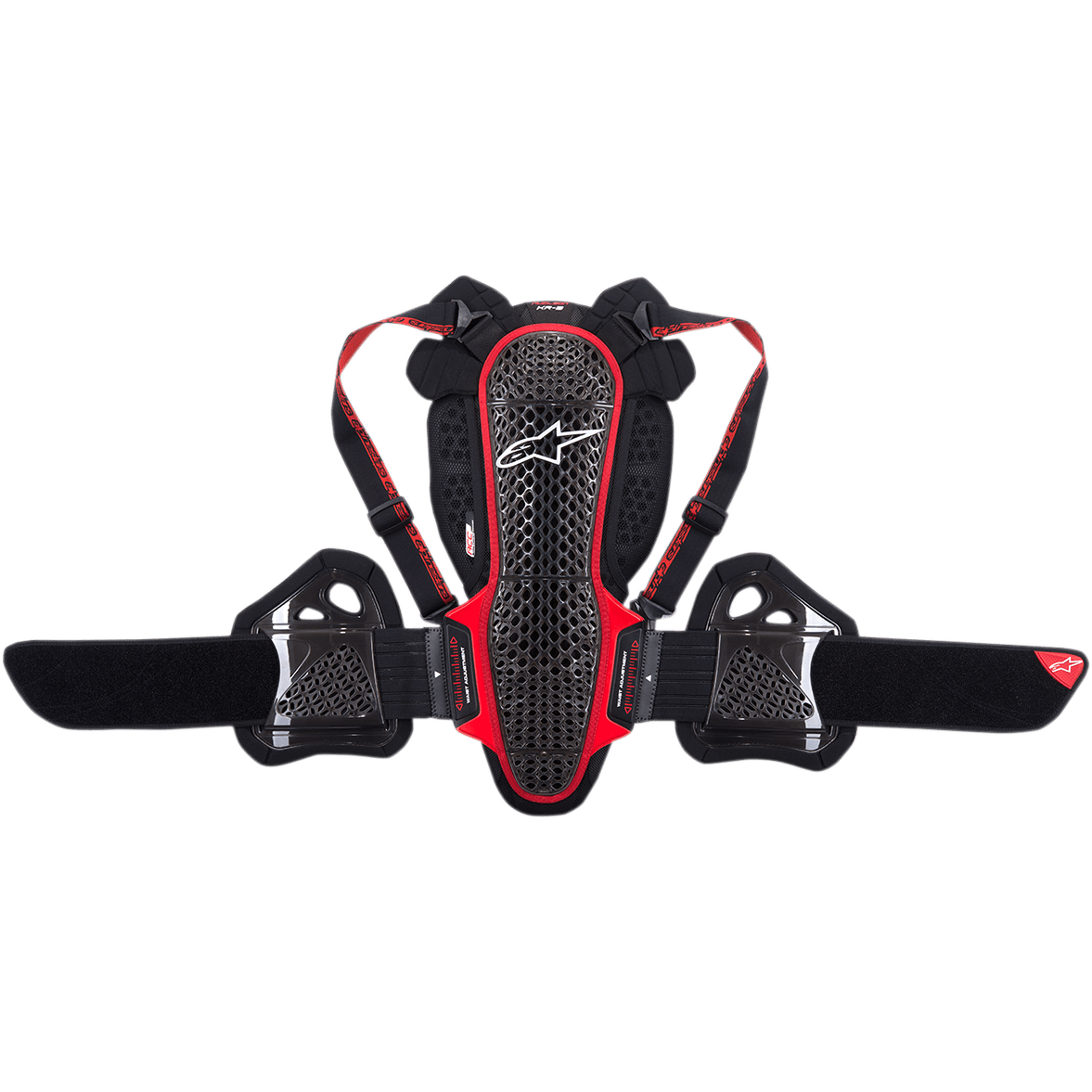 Alpinestars Nucleon KR-3 Rückenprotektor, Motorrad-Rückenprotektor, Schwarz und Rot, ergonomisches Gitterstruktur-Design mit weißem Logo, verstellbare Schultergurte, breiter Nierengurt mit seitlichem Rippenschutz, konzipiert für Stoßdämpfung und Atmungsaktivität