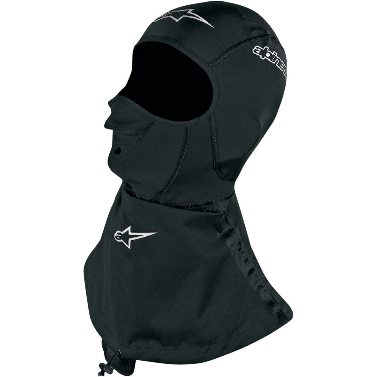Alpinestars Winter Touring Sturmhaube, schwarze Motorrad-Sturmhaube mit weißen Logos, verfügt über einen verlängerten wasserdichten Halsrock, Flachnähte und Belüftungsöffnungen an der Nase, Kälteschutz für unter den Helm bei kaltem Wetter