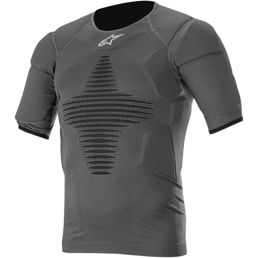 Alpinestars Roost Base Layer Top, kurzärmeliges Performance-Shirt in Anthracite Black, strukturiertes Rippgewebe mit schwarzem geometrischem Muster, eng anliegendes athletisches Design für Motocross und Offroad-Fahrten