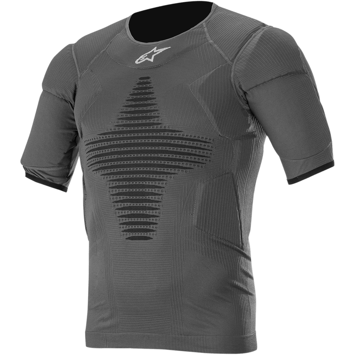 Alpinestars Roost Base Layer Top, kurzärmeliges Performance-Shirt in Anthracite Black, strukturiertes Rippgewebe mit schwarzem geometrischem Muster, eng anliegendes athletisches Design für Motocross und Offroad-Fahrten